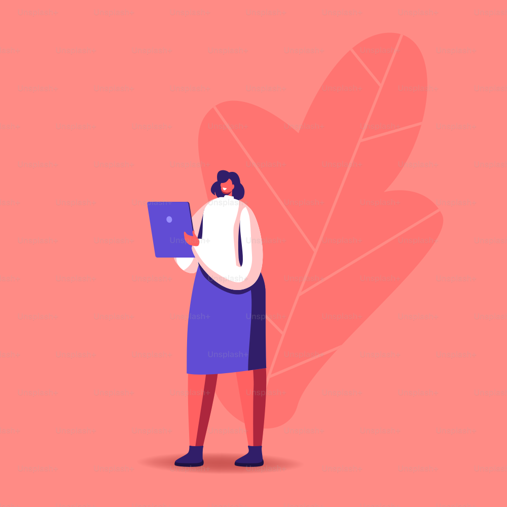 Business Woman Reading Information on Digital Tablet. Female Character Student or Office Worker Searching Info in Internet, Studying or Shopping Online. Girl with Gadget. Cartoon Vector Illustration