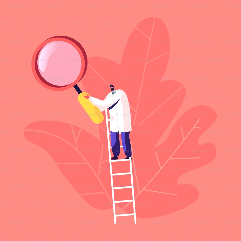 Tiny Male Doctor Character in White Medical Robe with Huge Magnifying Glass Stand on Ladder. Medic Working in Clinic, Medicine Profession Hospital Healthcare Staff at Work. Cartoon Vector Illustration