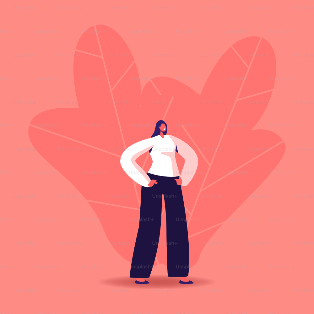 Joven vestida con ropa formal moderna de pie con los brazos caídos en la cintura. Moda juvenil, concepto de estilo de vida urbano. Personaje femenino joven confeccionó pantalones, zapatos y blusa. Ilustración vectorial de dibujos animados