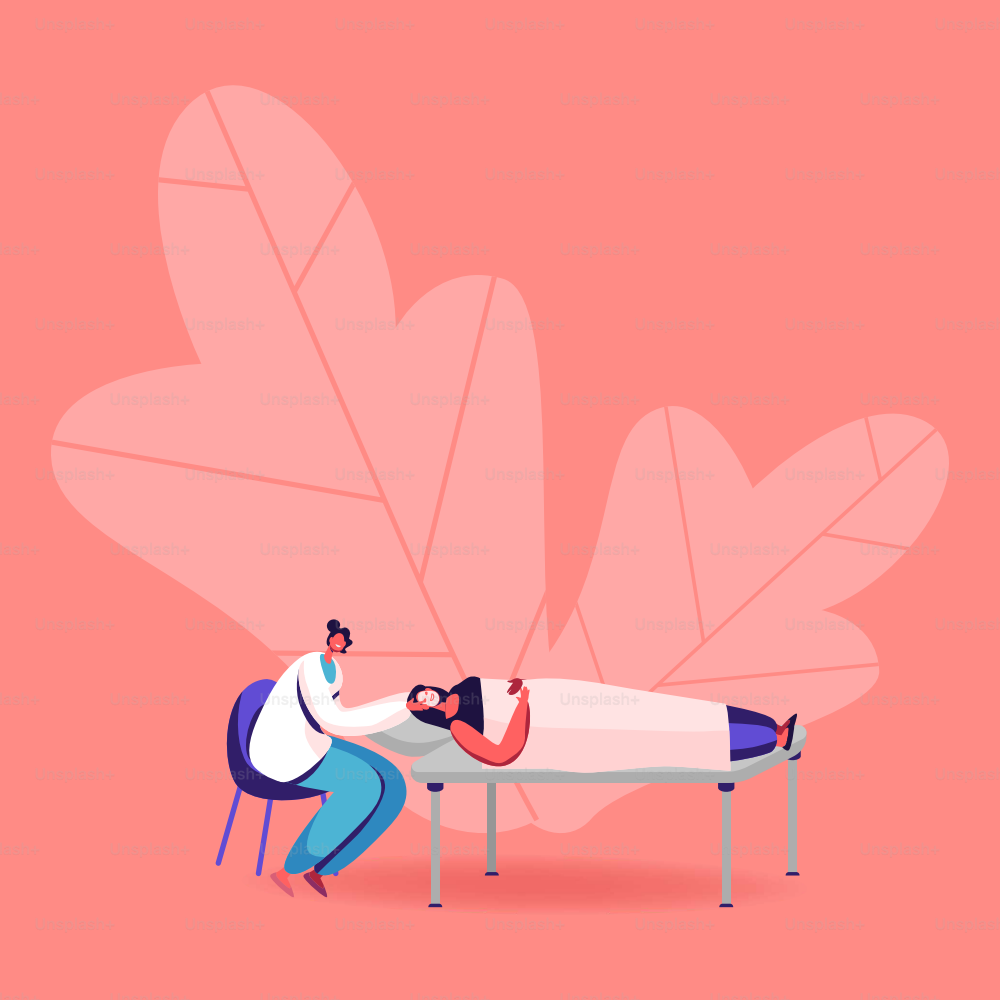 Belleza, cuidado de la piel, tratamientos de bienestar. Personaje femenino aplicando el procedimiento de mascarilla facial en un salón de spa. Doctor procesando rostro femenino con cosméticos naturales, cosmetología. Ilustración vectorial de personas de dibujos animados
