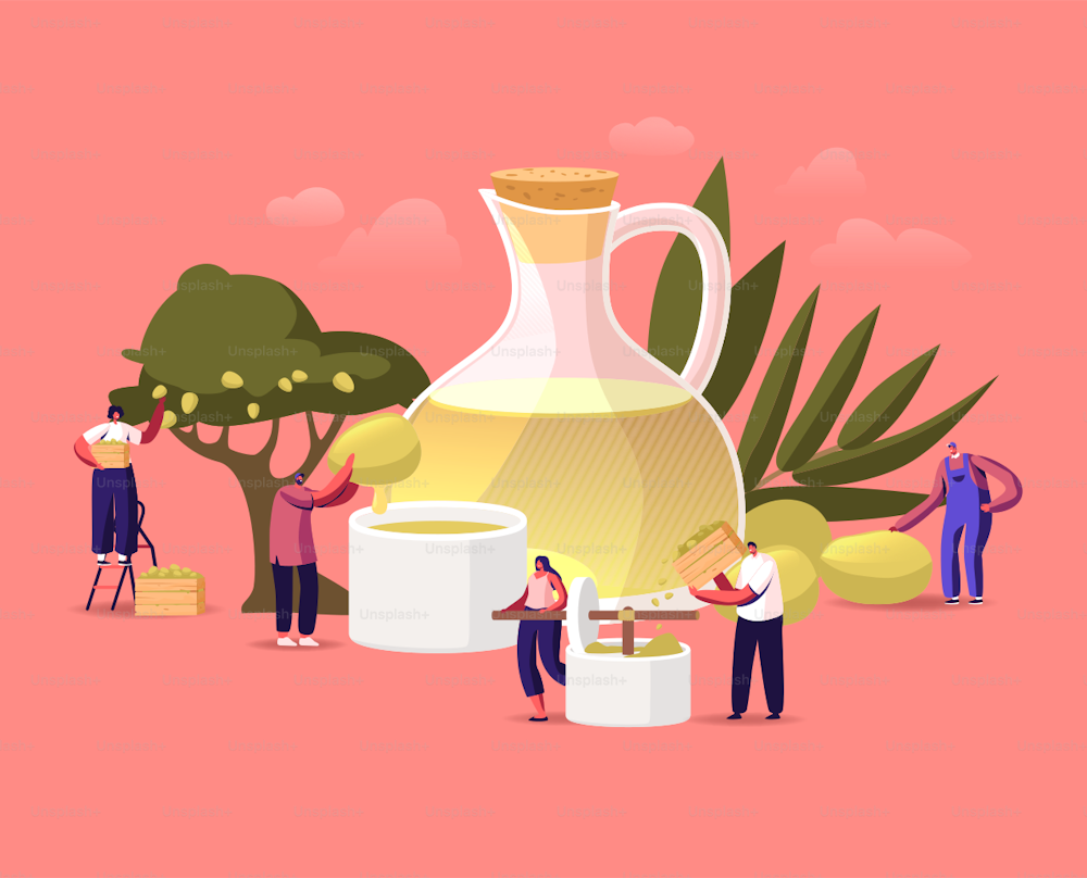 Tiny Characters around of Huge Extra Virgin Olive Oil Glass Jug Growing, Collecting and Pressing Green Fresh Olives on Nature Background. Farmers Natural Production. Cartoon People Vector Illustration