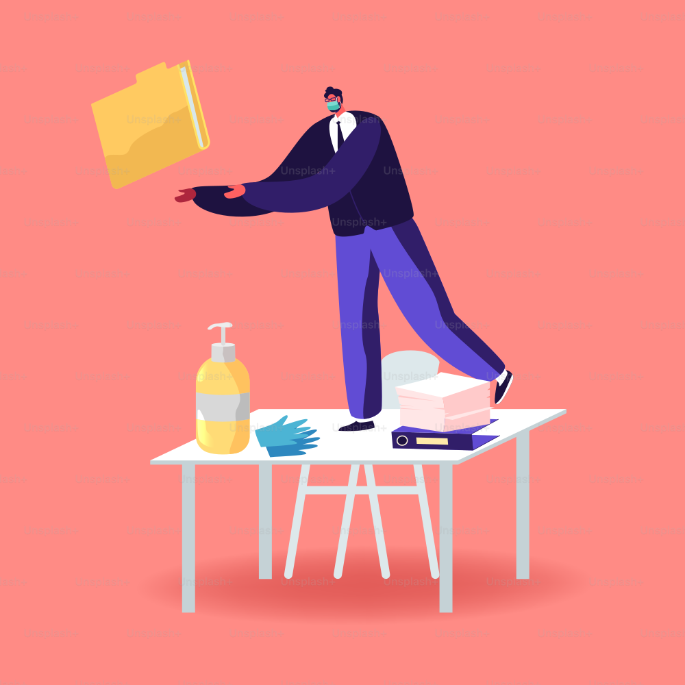 Male Character in Medical Mask Work in Office. Man Stand at Desk Throw Folder with Documents to Colleague. Businessman Distance Working Process during Coronavirus Pandemic. Cartoon Vector Illustration
