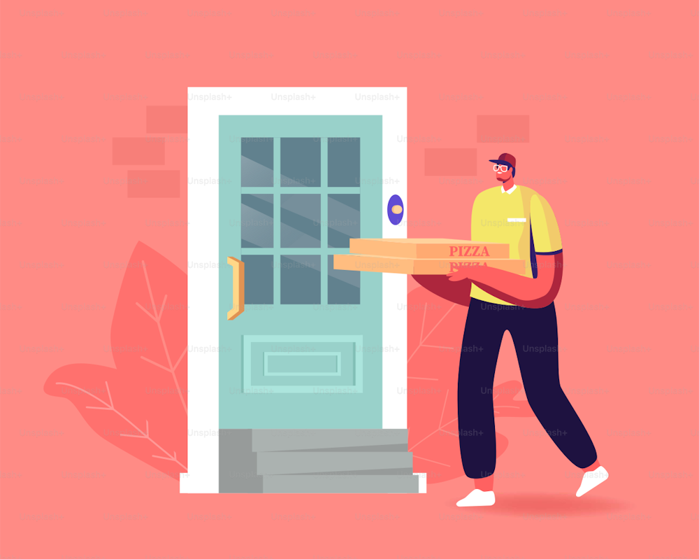 Express Food Delivery. Courier Male Character Deliver Pizza to Consumer Home Door. Online Order Internet Technology, Fast Cafe Shipping Service, Fastfood Delivering. Cartoon Vector Illustration