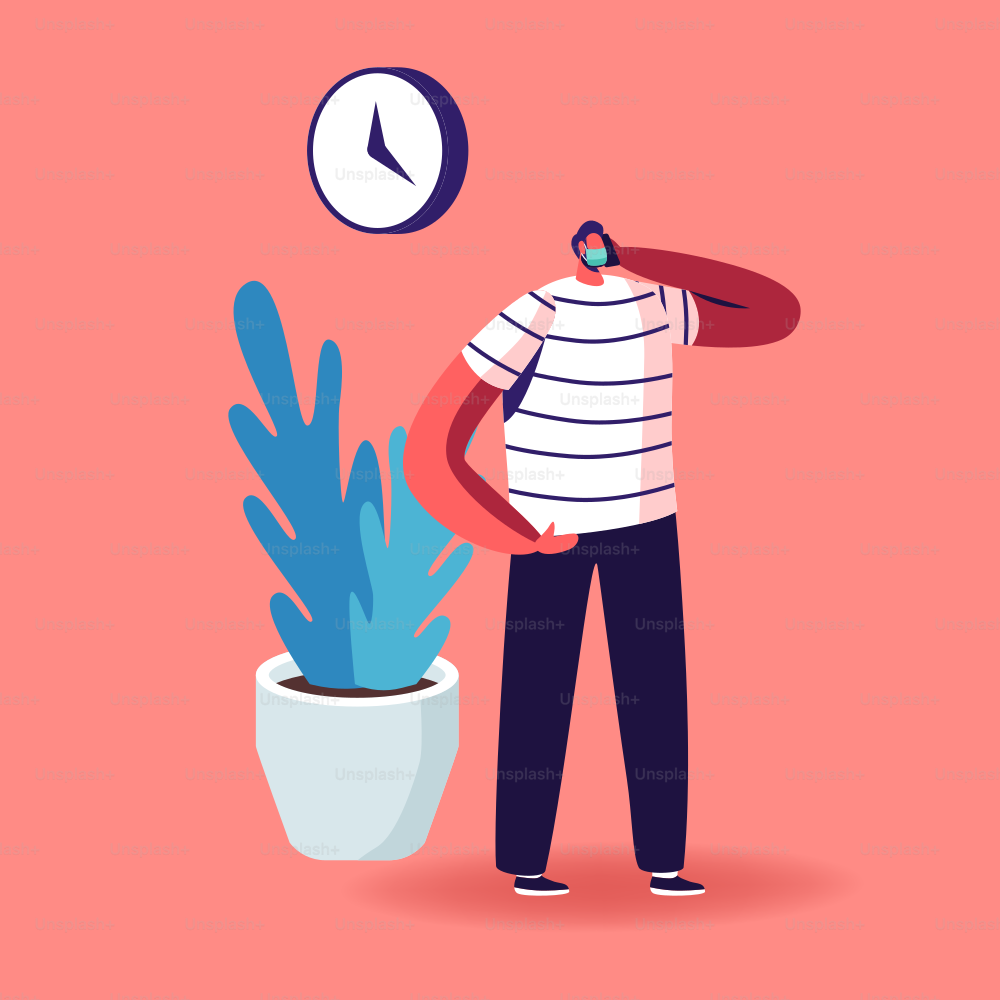 Office Worker or Freelancer Character in Protective Medical Mask Working at Workplace with Clock Hanging on Wall Talking by Mobile Phone, Employee at Coronavirus Pandemic. Cartoon Vector Illustration