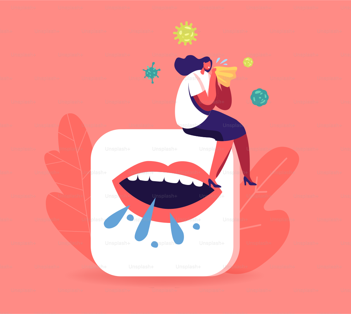 Ill Female Character with Wipe in Hand Sneezing with Runny Nose. Diseased Woman with Weak Immunity Suffering of Virus, Contagious Flu or Cold Disease Infection Symptoms. Cartoon Vector Illustration