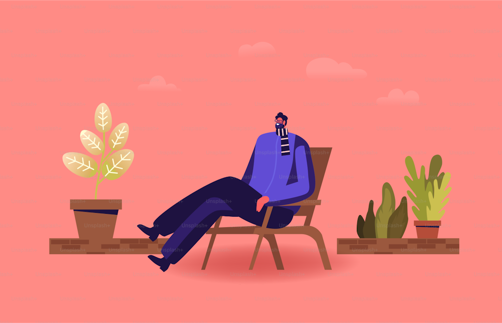 Personaje masculino relajado sentado en un cómodo sillón relajándose en la terraza de la casa de invierno, balcón o invernadero. Hombre disfrutando de la relajación en el jardín de casa con plantas en macetas. Ilustración vectorial de dibujos animados