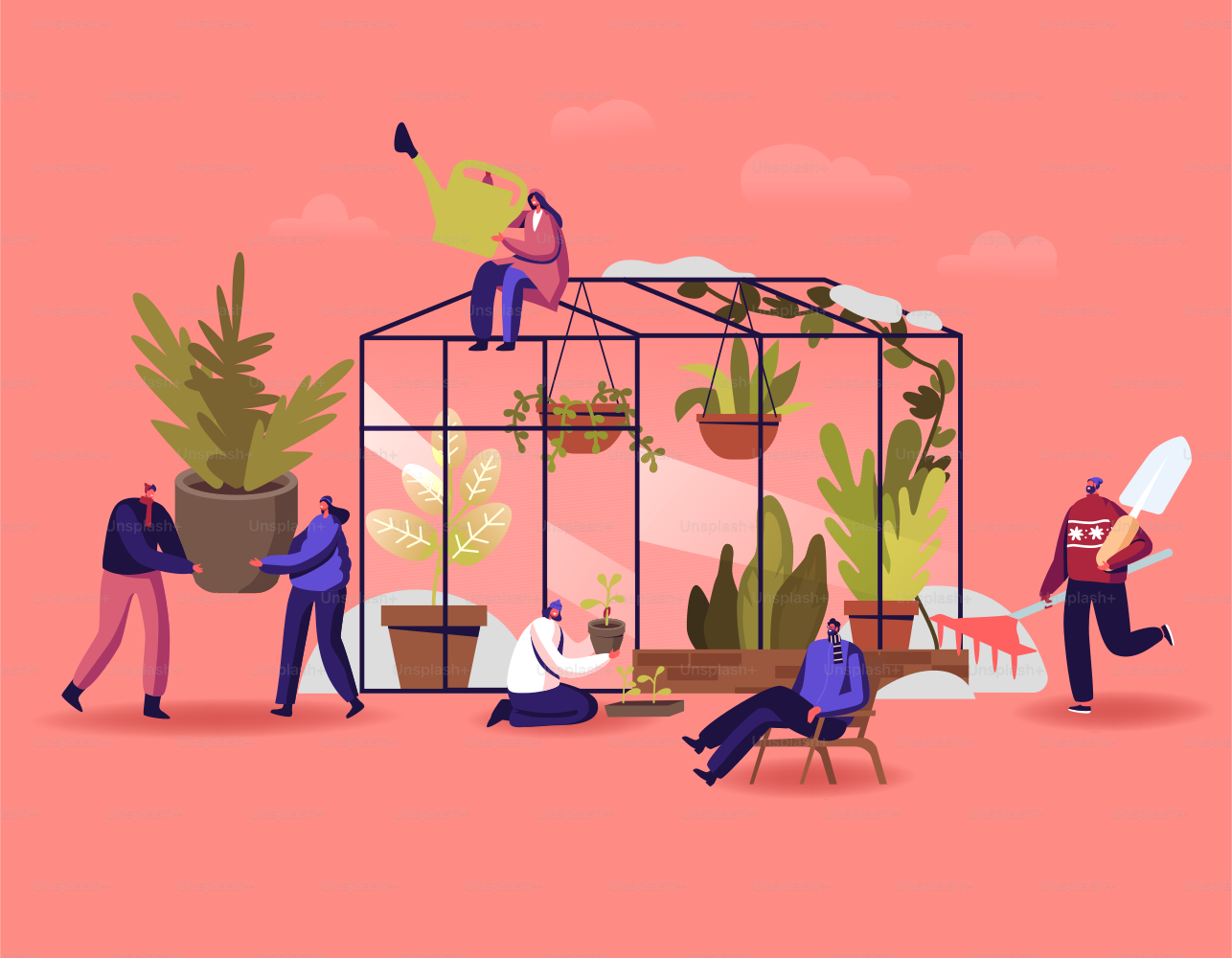 Gardening or Floristic Hobby, Characters Working in Winter Garden Concept. People Planting Flowers and Potted Plants in Greenhouse Orangery, Watering Soil and Fertilizing Cartoon Vector Illustration