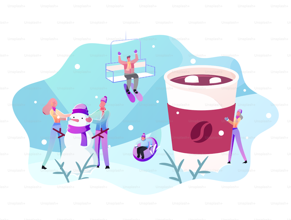 Winter Holidays Activity and Outdoor Spare Time Concept. Male and Female Characters Playing Outdoors Making Snowman, Drinking Hot Beverages, Skiing, Slide Down Hill. Cartoon People Vector Illustration