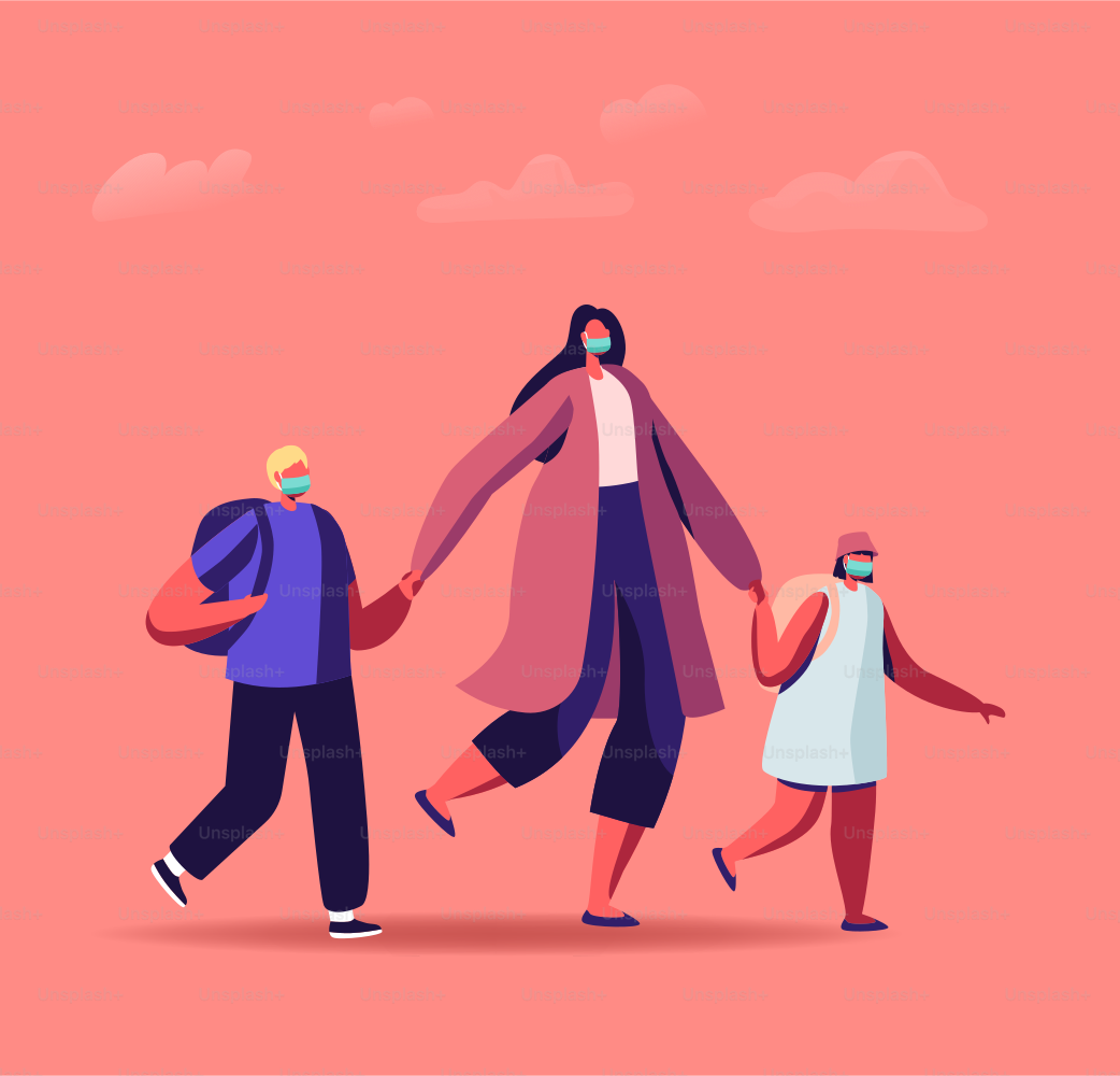 Mother Character Bringing Little Daughter and Son Pupils Wearing Medical Mask to Study in First Class. Back to School at Coronavirus Pandemic, Knowledge Day Concept. Cartoon People Vector Illustration