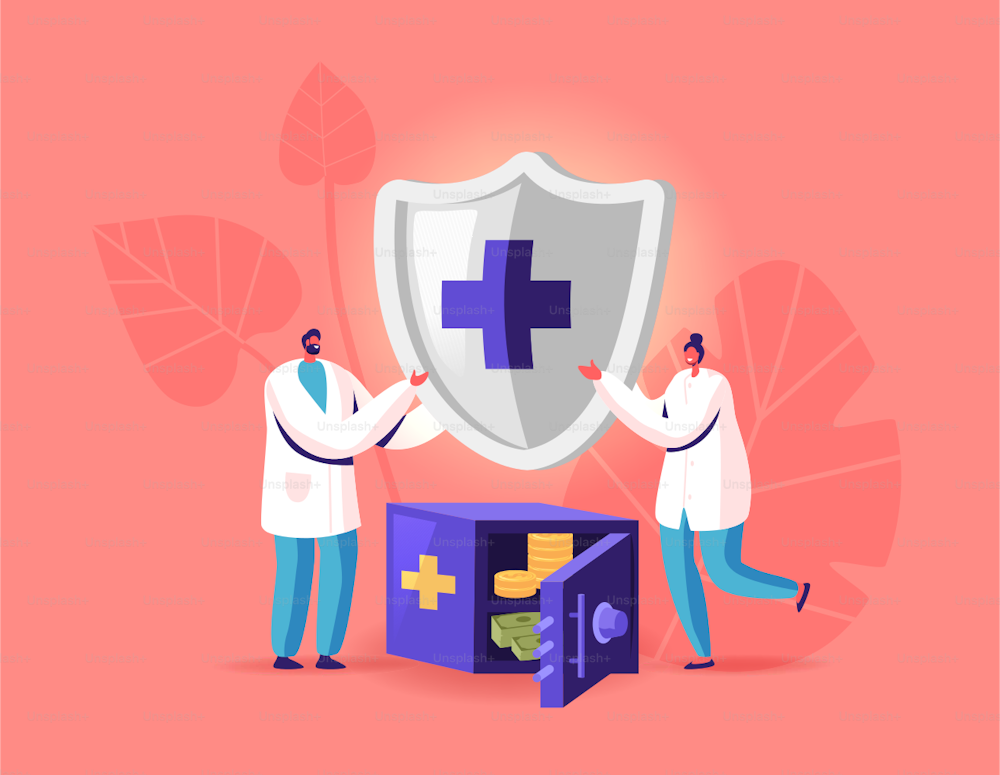 Health Insurance Concept. Tiny Doctor Characters Holding Huge Shield with Cross Stand near Safe with Money. Life Protection, Secure and Financial Guarantee Contract. Cartoon People Vector Illustration