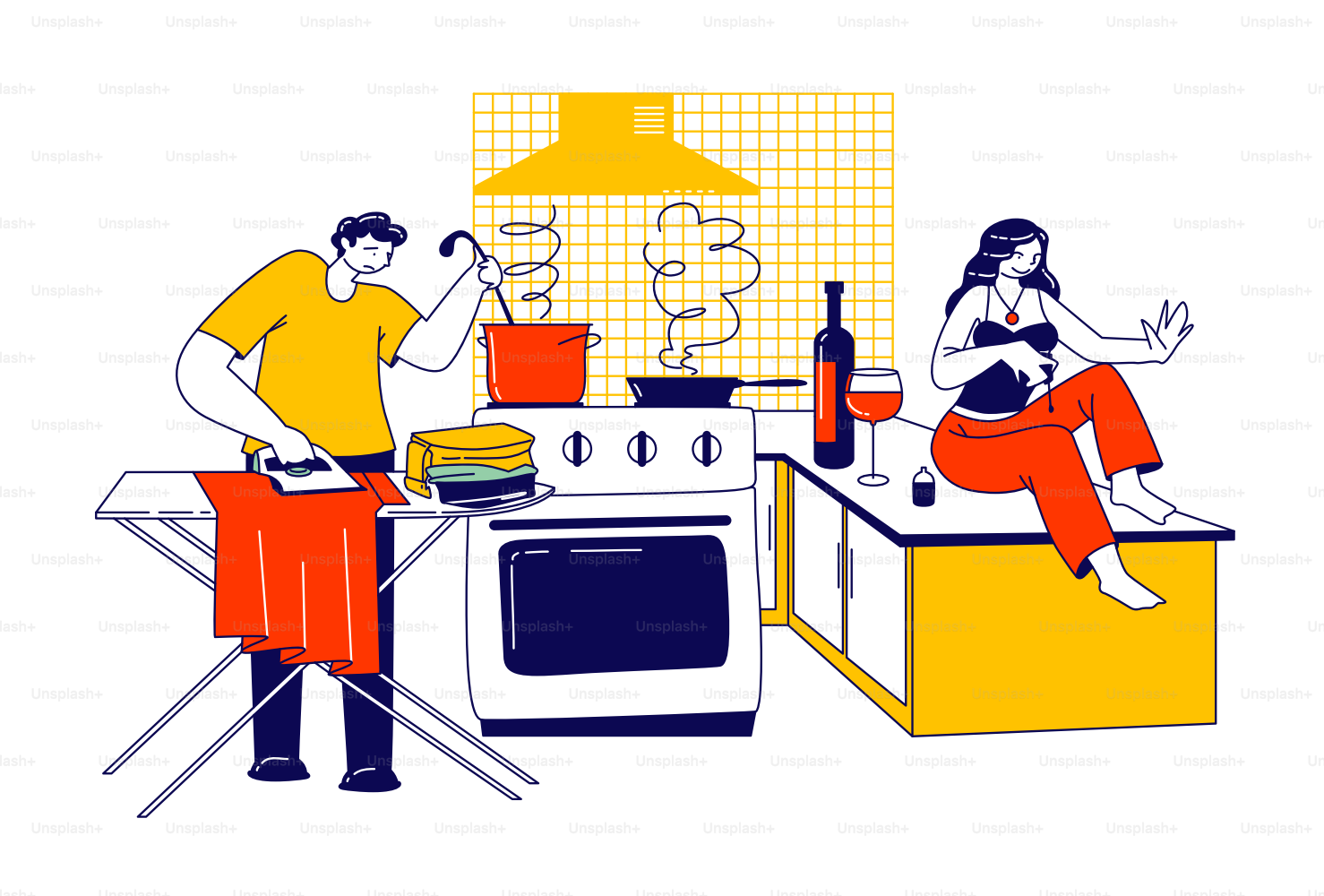 Concept de conjoint paresseux. Mon mari repasse les vêtements et cuisine en même temps. Homme occupé, caractère, tâches ménagères, femme, femme, assise à table, manucure, boisson du vin. Illustration vectorielle linéaire des personnes