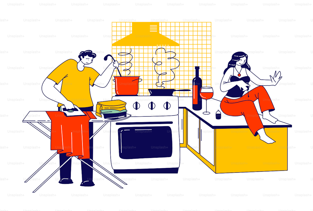 Lazy Spouse Concept. Husband Ironing Clothing and Cooking at the same time. Busy Man Character Household Duties, Woman Wife Sit on Table Make Manicure Drink Wine. Linear People Vector Illustration
