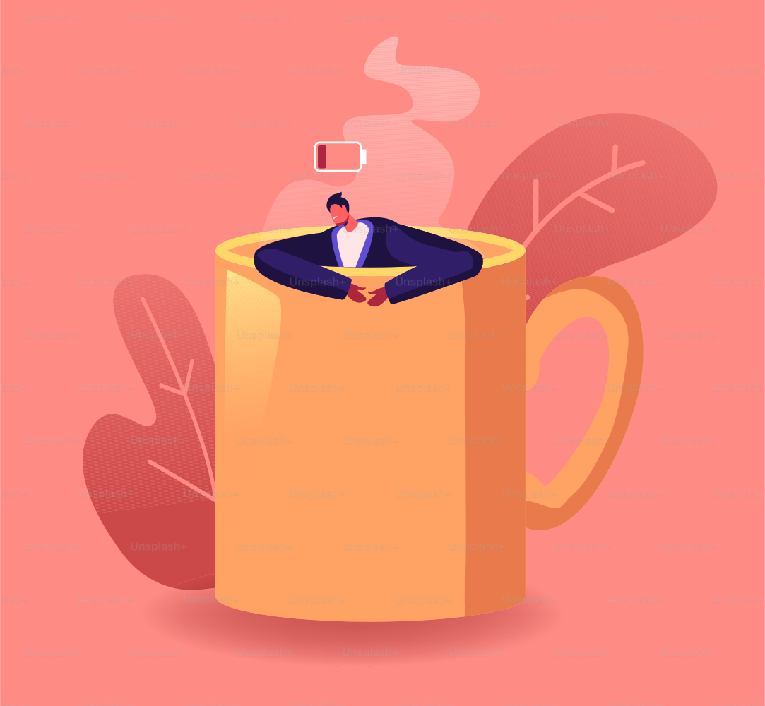Lazy, Boring or Tired Businessman with Low Energy Sleep in Huge Coffee Cup. Male Character Sleeping on Working Place. Fatigue, Procrastination Overwork Burnout Concept. Cartoon Vector Illustration