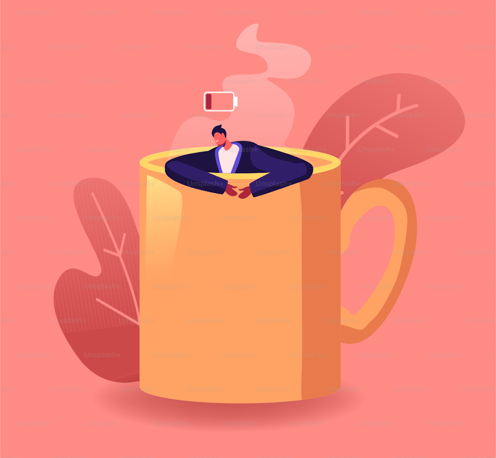 Lazy, Boring or Tired Businessman with Low Energy Sleep in Huge Coffee Cup. Male Character Sleeping on Working Place. Fatigue, Procrastination Overwork Burnout Concept. Cartoon Vector Illustration