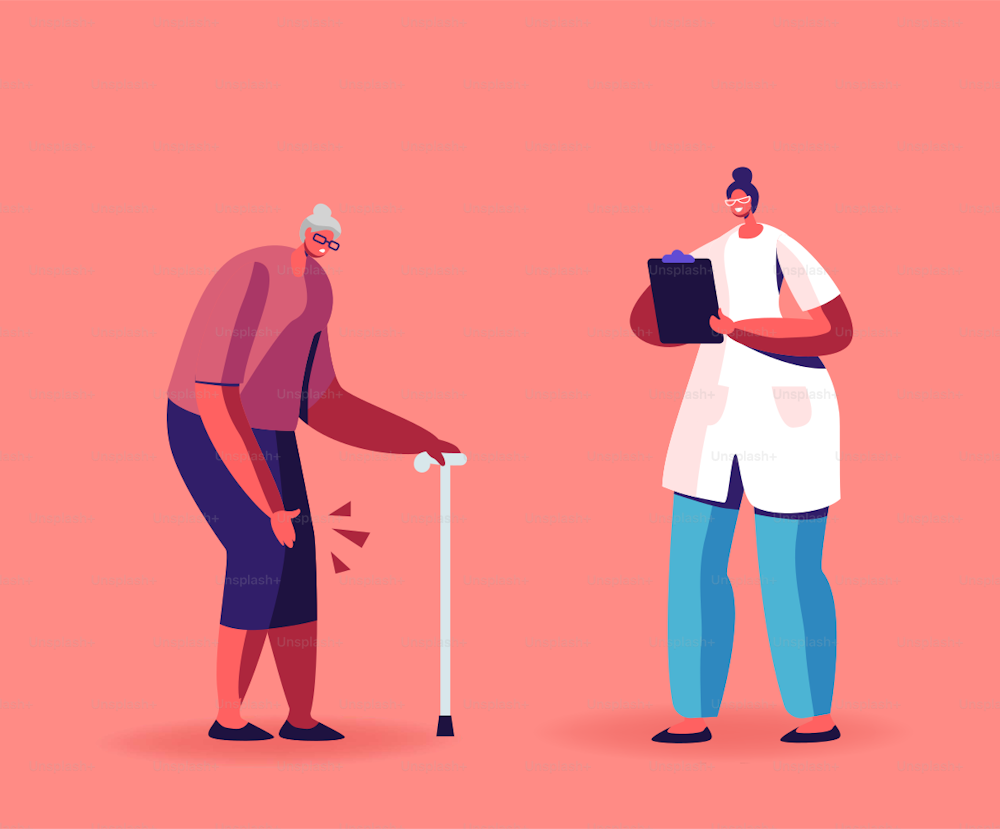 Senior Woman with Rheumatoid Arthritis of Knee Joints Moving with Walking Cane in Nursing Home or Hospital. Aged Lady Use Tool for Elderly People Going Ability. Linear Character Vector Illustration
