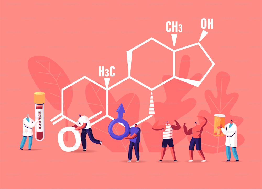 Male Health Concept. Tiny Characters Patients and Doctor with Blood Test Flask at Huge Testosterone Formula. Man Hold Mars Sign. Hormones, Diagnostics and Treatment. Cartoon People Vector Illustration