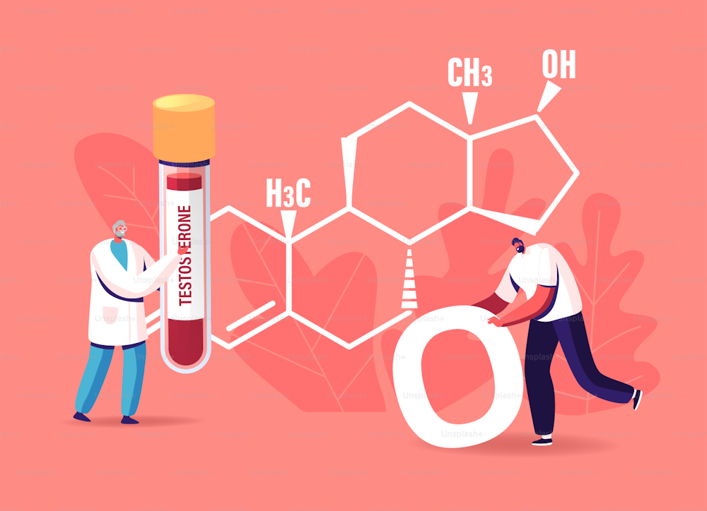 Testosterone Blood Test and Men Health Concept. Tiny Patient Male Character at Huge Hormone Formula, Diagnostics and Treatment, Doctor Hold Glass Flask with Sample. Cartoon People Vector Illustration