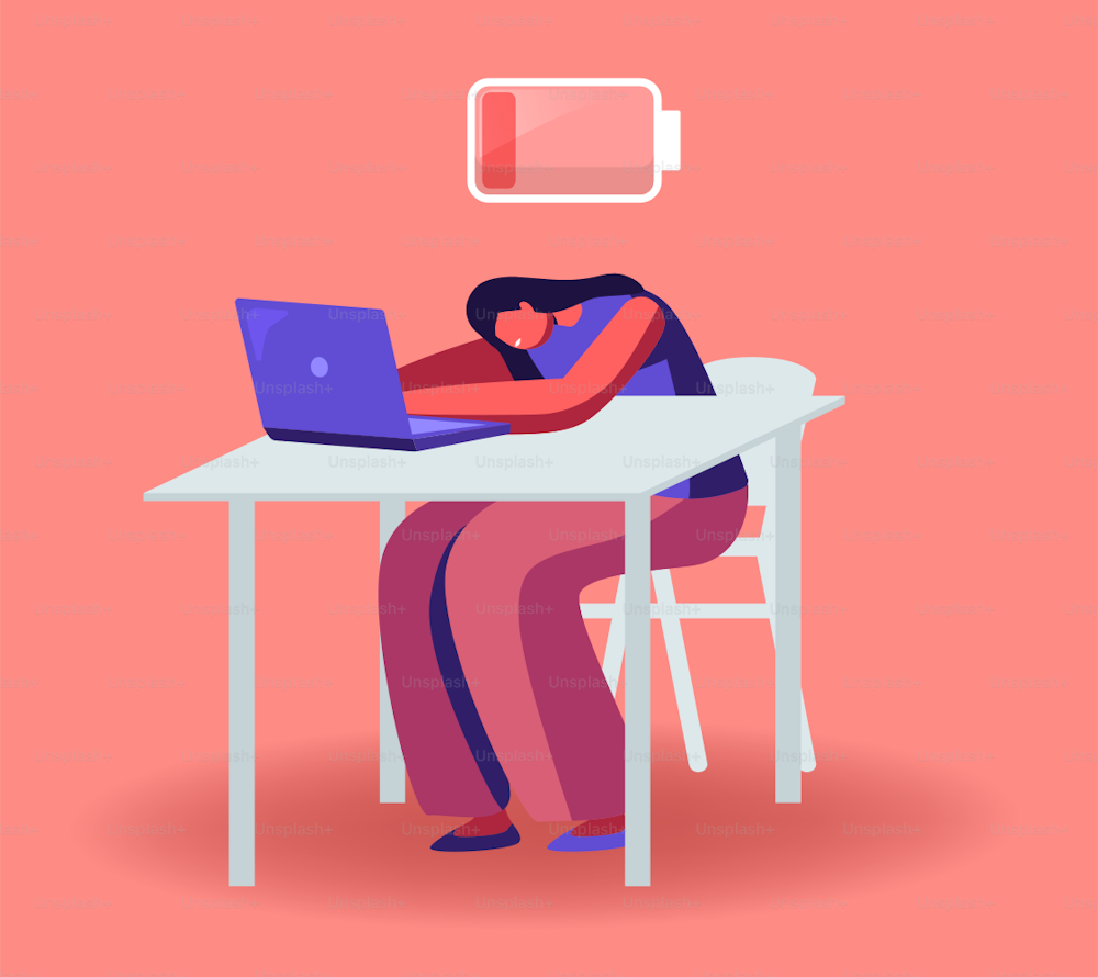 Overwork Burnout Symptom Concept. Lazy or Tired Overload Businesswoman Character with Low Life Energy Power Sleeping at Office Working Place Lying on Desk with Computer Cartoon Vector Illustration