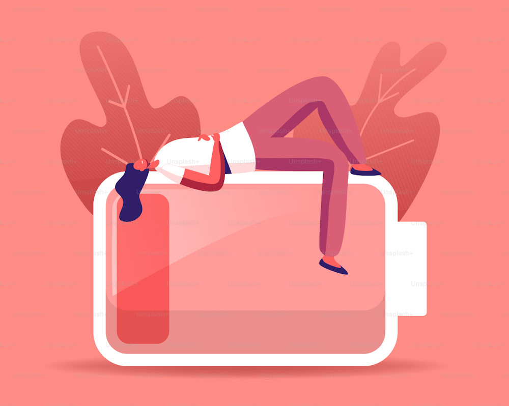 Tired or Haggard Businesswoman Character Lying on Huge Battery with Low Red Charging Level. Overload Employee Working from the Last Forces. Deadline Stress, Heavy Work. Cartoon Vector Illustration