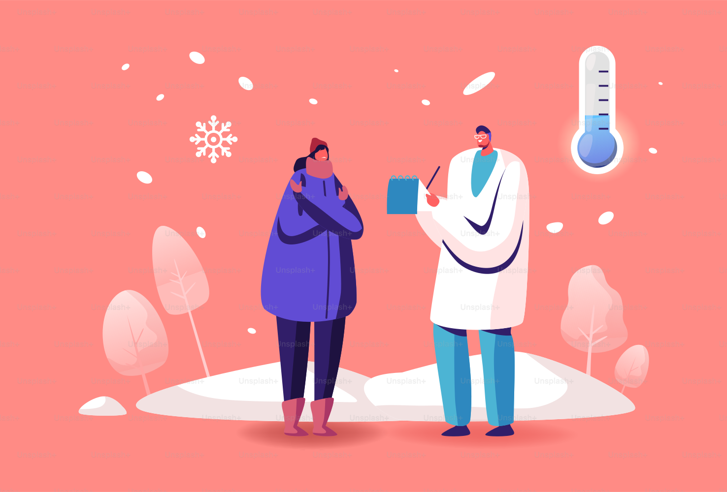 Receta de escritura de personajes médicos para pacientes enfermas con alergia al resfriado o síntomas de gripe que administran medicamentos para el tratamiento. La mujer infeliz necesita tomar pastillas para la recuperación. Ilustración vectorial de Cartoon People