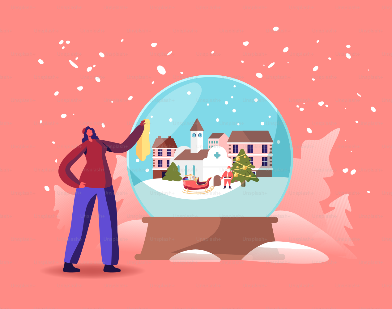Christmas and New Year Holidays. Tiny Female Character with Huge Crystal Globe with Snowy Houses, Church, Santa Claus, Fir Tree and Sledge inside. Winter Festive Season. Cartoon Vector Illustration