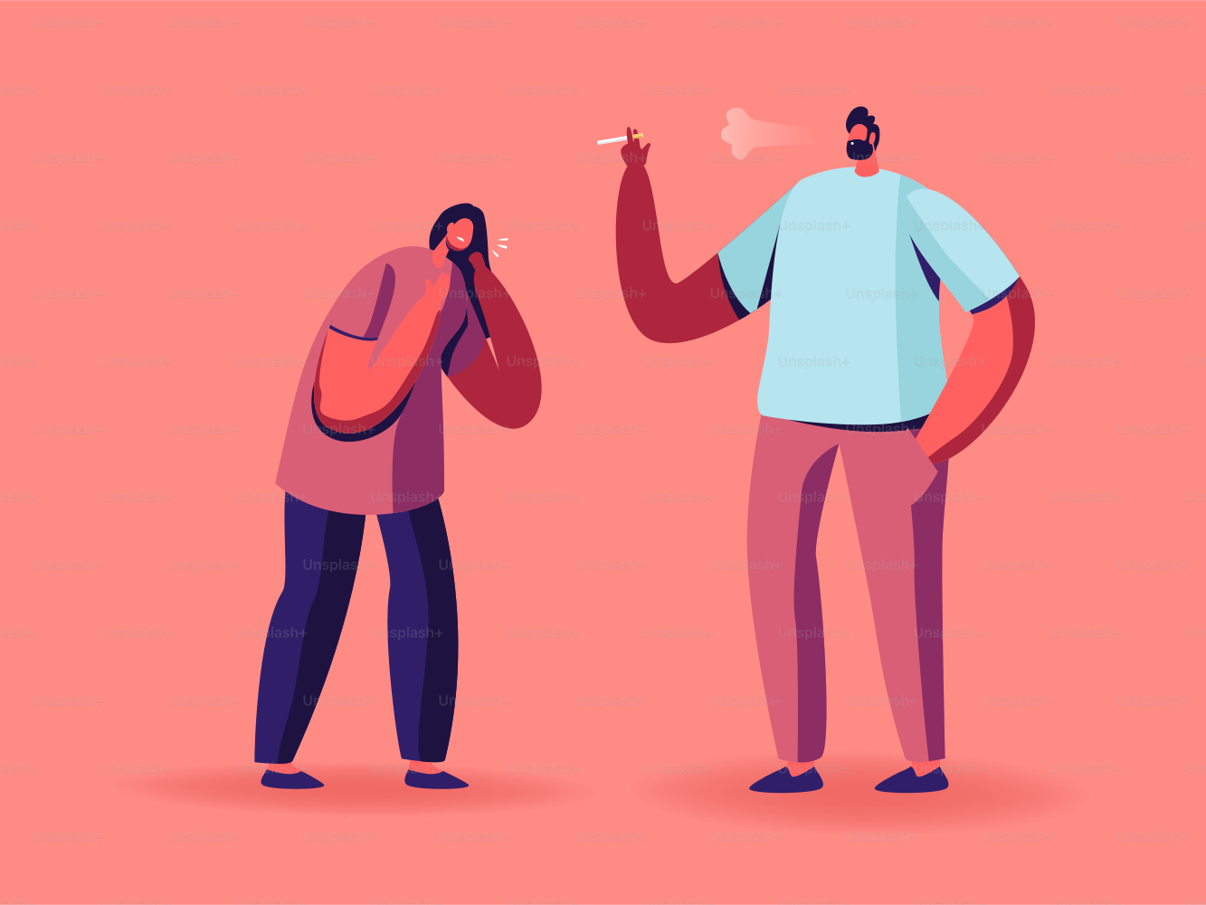 Woman Coughing Suffering of Smoke Stand near Man Smoker with Cigarette. Character Passive Second Hand Harm Smoking in Public Place, Unhealthy Bad Habit Problem. Cartoon People Vector Illustration