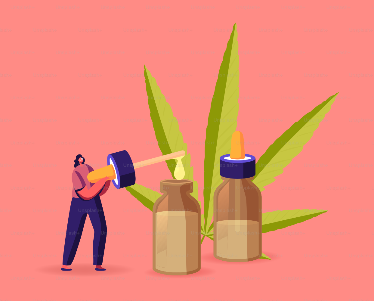 Scientist or Pharmacist Character Produce Oil of Medical Cannabis. Alternative Herbal Homeopathy Remedy or Medication, Light Drugs for Personal Use, Aromatherapy Essence. Cartoon Vector Illustration