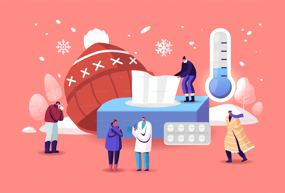 Characters with Cold Allergy Concept. Sick Patients Visiting Doctor Suffer of Low Temperature of Cough and Sneeze Symptoms. Allergen Drugs Pharmacy Therapy and Help. Cartoon People Vector Illustration