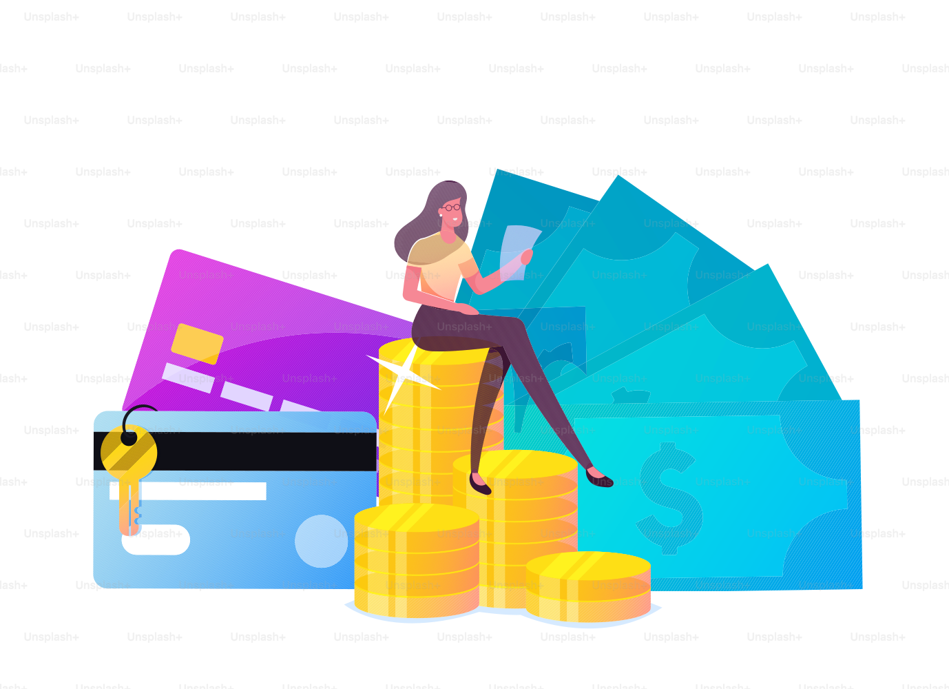 La mujer obtiene parte de la propiedad después del divorcio. Pequeño personaje femenino satisfecho se sienta en enormes monedas de oro, tarjetas bancarias y llave. Servicio de Abogado Protección de Intereses, Legalidad. Ilustración vectorial de dibujos animados