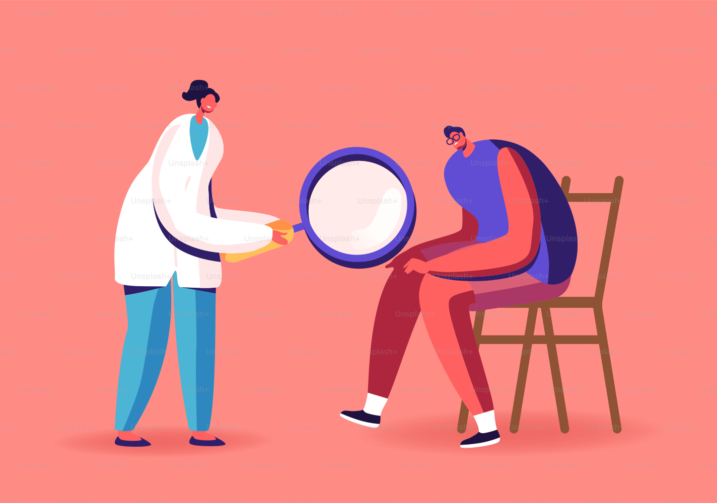 Doctor Artrólogo Personaje con lupa en la rodilla del paciente con artritis. Enfermedad de la articulación rotuliana, concepto de atención sanitaria. Chequeo médico del hospital. Ilustración vectorial de personas de dibujos animados