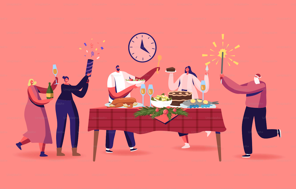 Cena de Navidad con familiares o amigos, felices personajes masculinos y femeninos celebrando las vacaciones de Navidad en la mesa con comidas tradicionales de pavo y ramas de abeto decoradas. Ilustración vectorial de Cartoon People