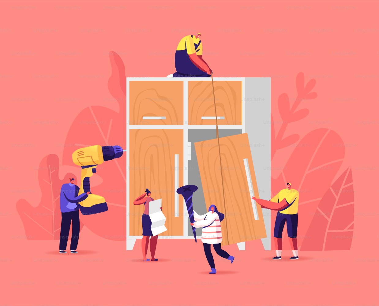 Servicio de montaje de muebles. Pequeños personajes: carpintería y proceso de carpintería. Personas con instrumentos montando armarios para el hogar con taladro eléctrico, clavos y herramientas manuales. Ilustración vectorial de dibujos animados