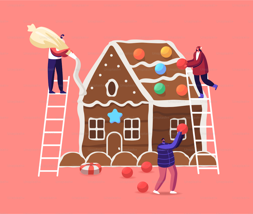 Tiny Male and Female Characters Decorate Huge Christmas Gingerbread House with Cookies, Cream and Sweets. Festive Activity Preparation for Xmas Holidays Celebration. Cartoon People Vector Illustration