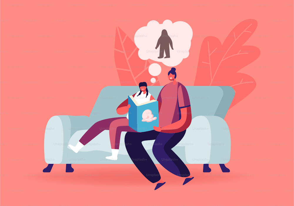 Mother and Daughter Characters Sitting on Couch at Home Reading Book about Fantasy Fairy tale Yeti or Bigfoot Legendary Monster Living in Tibetan Rocks or Forest. Cartoon People Vector Illustration