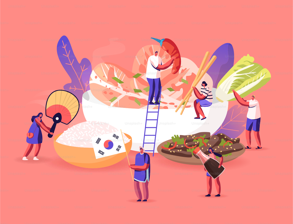Charaktere, die traditionelle koreanische Küche essen und kochen. Menschen mit nationalem Fan, Touristen rund um riesiges Gericht mit Reis, Garnelen, gebratenem Fleisch, Kohl und Gemüse. Cartoon-Vektor-Illustration