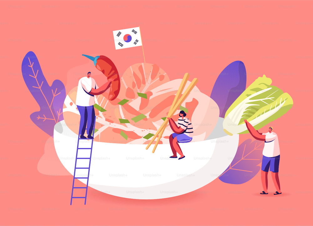 Personajes comiendo o cocinando concepto de cocina tradicional coreana. Personas con chile rojo, palitos de madera y hojas de ensalada alrededor de un plato enorme con comida nacional de kimchi. Ilustración vectorial de dibujos animados