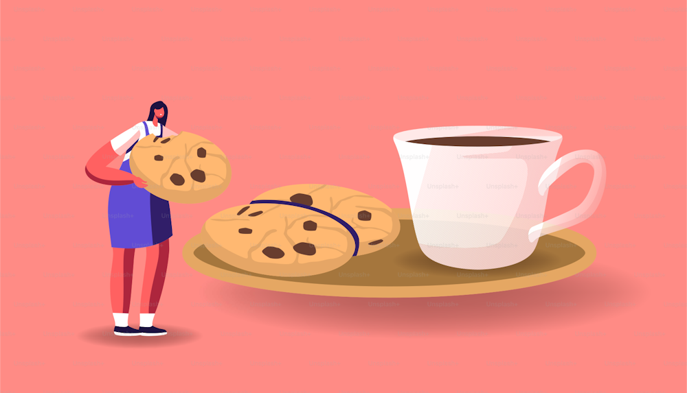 Pequeño personaje femenino comiendo galletas enormes con chispas de chocolate en el platillo y taza con café. Mujer bebiendo bebida caliente en la estación fría, concepto de refresco matutino. Ilustración vectorial de dibujos animados
