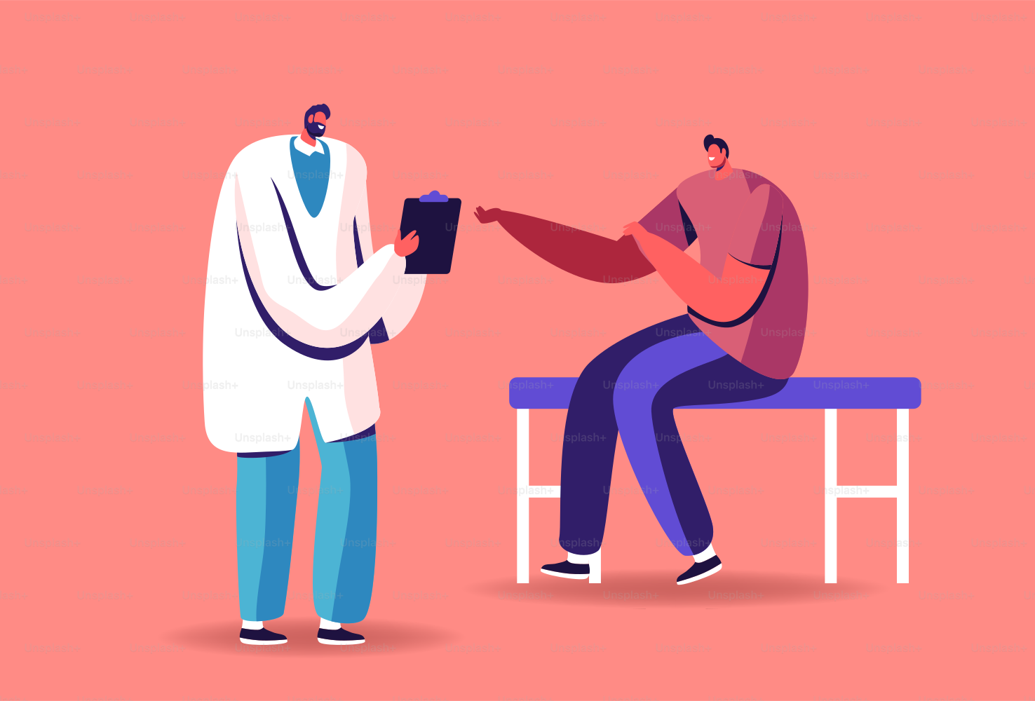 Paciente doente sentado no consultório do médico em frente ao médico escrevendo na prancheta, preparando a mão para injeção, personagem masculino visitando procedimento médico. Ilustração vetorial de Cartoon People