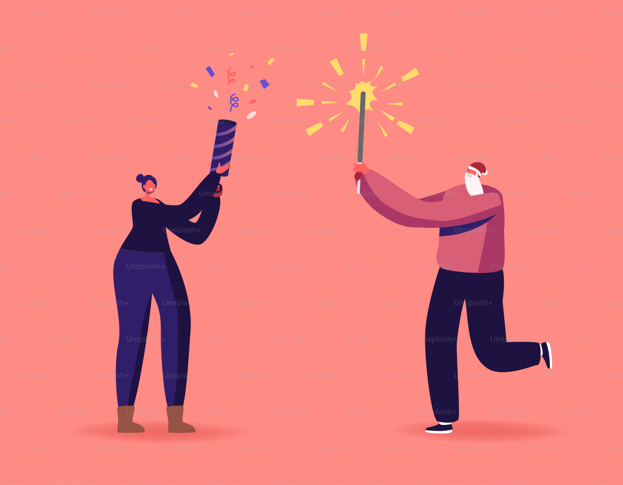 Happy Family or Friends Couple Characters Enjoying Firework for Christmas or New Year Holiday Celebration, Young Man in Santa Hat Holding Sparkler Girl with Flapper. Cartoon People Vector Illustration