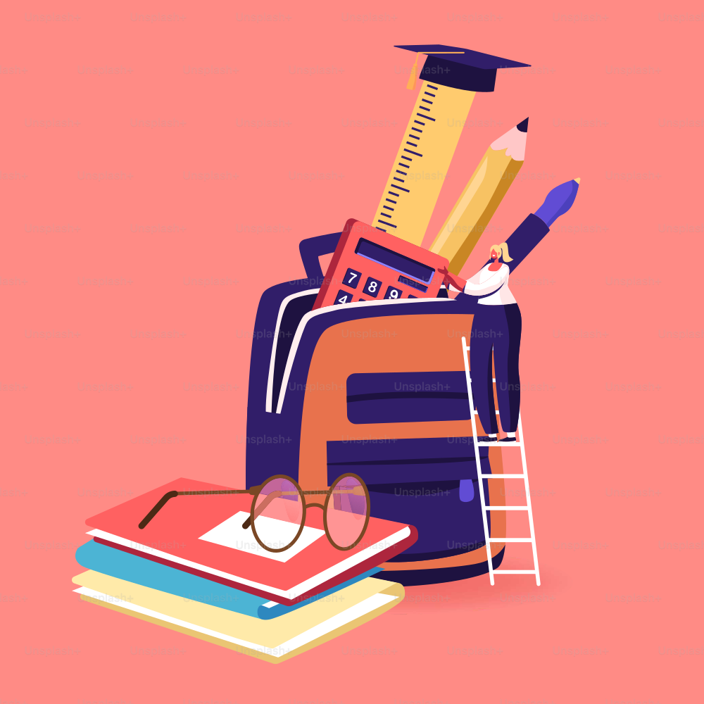 Tiny Female Character Put Educational Tools in Huge Backpack with Textbooks and Equipment. Studying, Learning, Back to School, Education in College or University Concept. Cartoon Vector Illustration