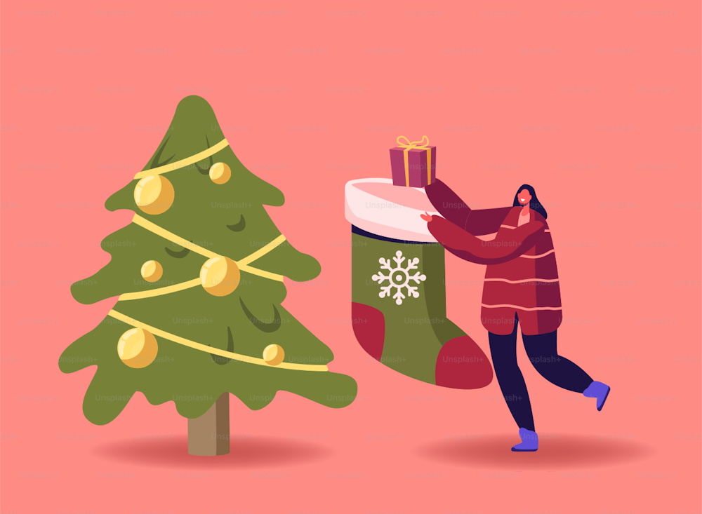 선물 상자가 있는 거대한 축제 크리스마스 양말을 가진 작은 여성 캐릭터. 소녀는 전나무 근처에서 선물을 나른다. 크리스마스와 새해 축하. 가족을 위한 선물을 가진 행복한 여자. 만화 벡터 일러스트레이션