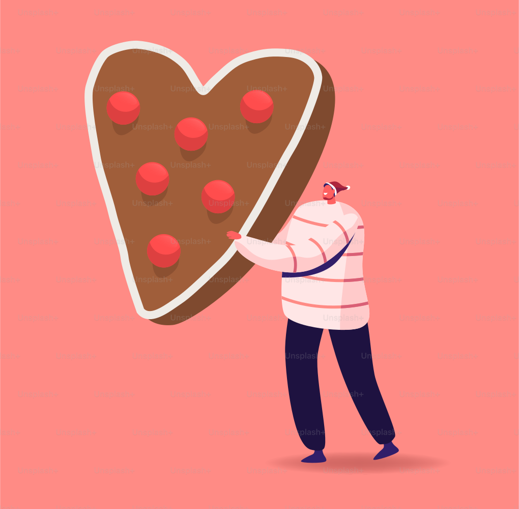Tiny Male Character in Santa hat Holding Huge Gingerbread Cookie in Shape of Heart. Christmas Bakery, Sweets. Festive Xmas or New Year Holidays Celebration, Treat. Cartoon People Vector Illustration