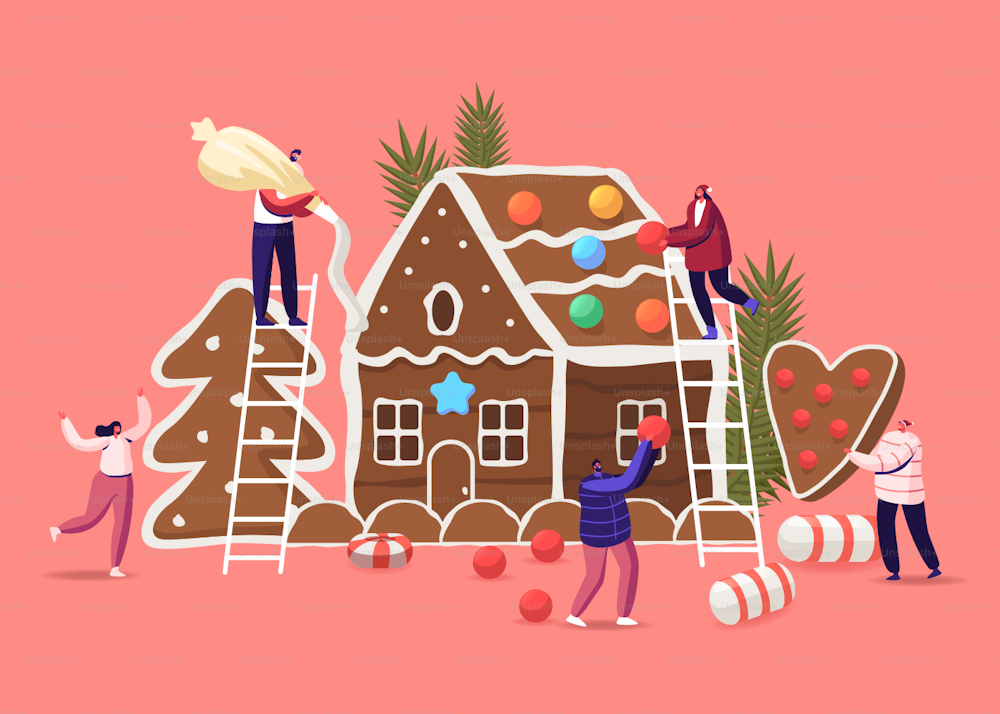 Préparation des activités festives pour la célébration des vacances de Noël. De minuscules personnages masculins et féminins décorent une immense maison en pain d’épice de Noël avec des biscuits, de la crème et des bonbons. Illustration vectorielle de personnes de dessins animés