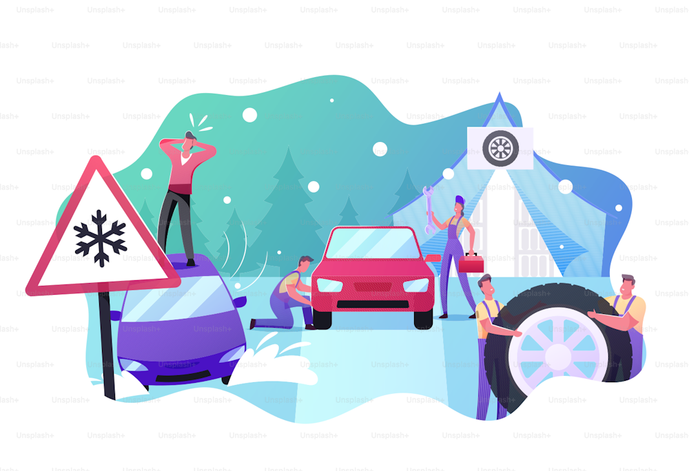 Mechanics Change Summer Tyres on Winter ones. Desperate Male Character Stand on Roof of his Car Stuck in Deep Snowdrift, Road Safety, Accident, Garage Service. Cartoon People Vector Illustration