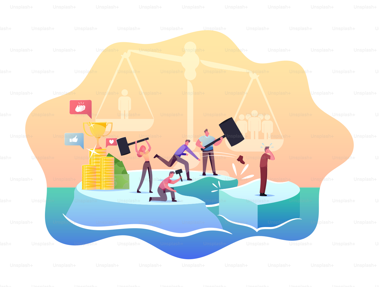 Class Discrimination, Inequity, Violence Concept. Wealthy, Rich and Successful Characters Drive Out Man in Poor Rough Clothes Hitting Piece from whole Ice Floe. Cartoon People Vector Illustration