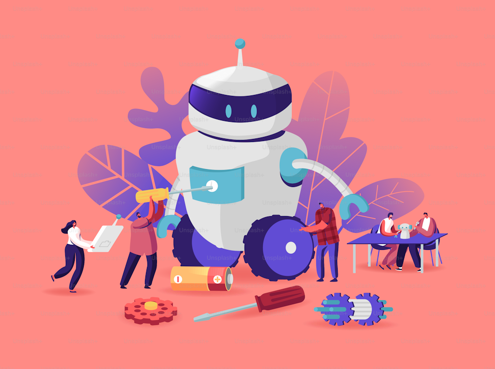 Cyborg Creating Process, Robotics Hobby. Characters Set Up Huge Robot. Woman with Remote Control, Man with Screwdriver. Artificial Intelligence Assembly Technology. Cartoon People Vector Illustration