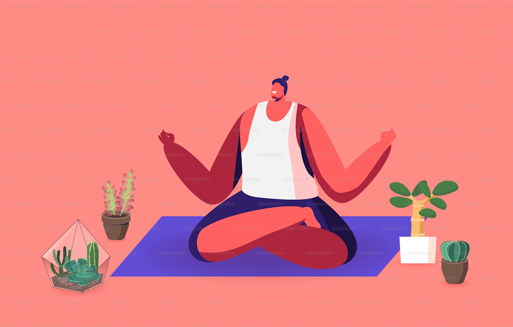 Personaje masculino relajado sentado en Yoga Postura de loto Relajándose y meditando en casa con plantas suculentas. Hombre disfrutando de la relajación en el jardín de casa con plantas de cactus en maceta. Ilustración vectorial de dibujos animados