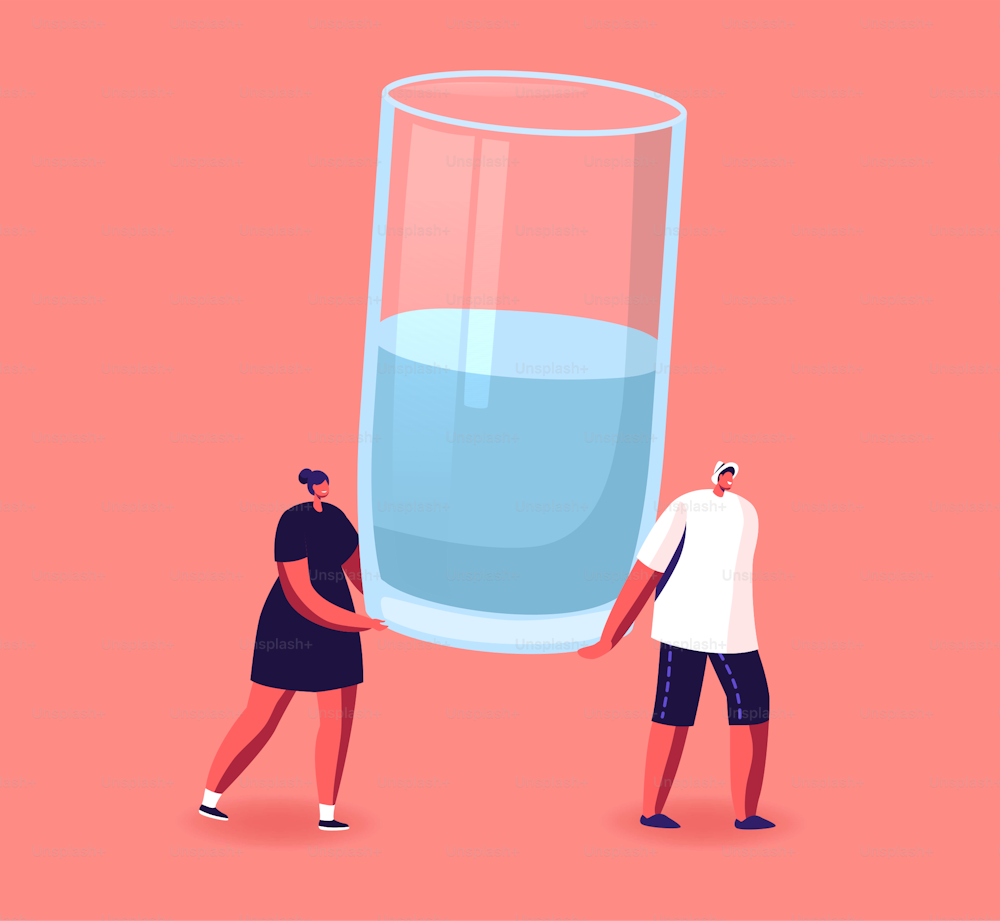 Tiny Male and Female Characters Carry Huge Glass with Fresh Water. Healthy Lifestyle, Pure Aqua Refreshment, Wellbeing Concept. People Drinking Water for Weight Loss. Cartoon Vector Illustration