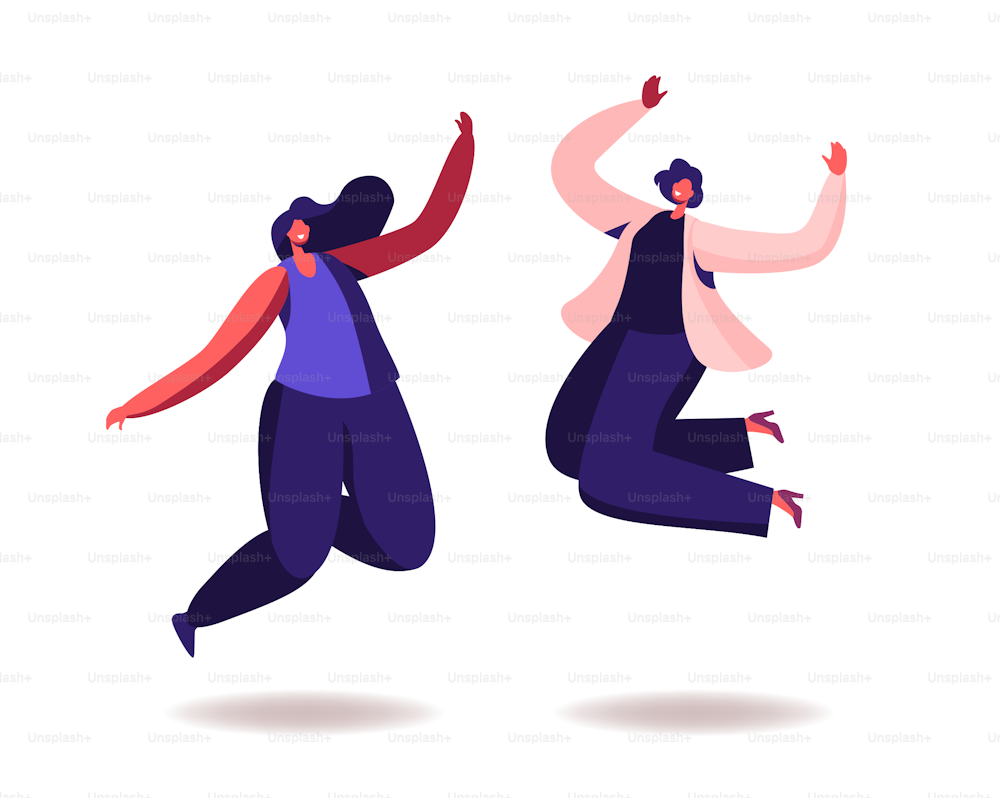 Happy Women Jumping on White Background. Young Joyful Female Characters Jump or Dancing with Raised Hands. Happiness, Freedom, Motion and Motivational Concept. Cartoon People Vector Illustration
