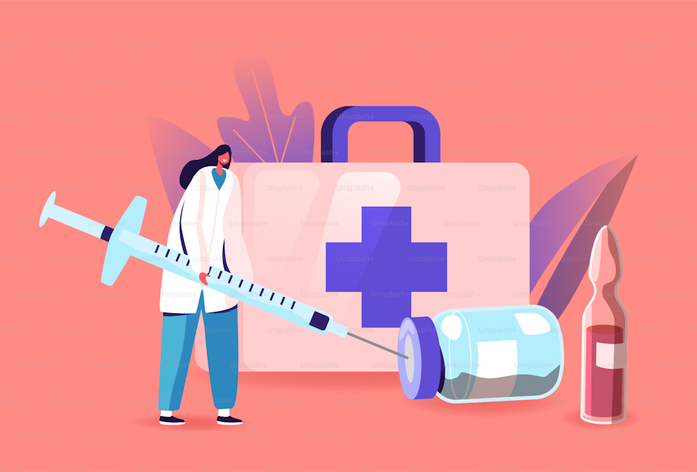 Medical Vaccination Concept. Female Doctor Character Filling Huge Syringe with Medicine for Vaccine Injection Dose Shot for Treating Illness. Health Care, Immunization. Cartoon Vector Illustration